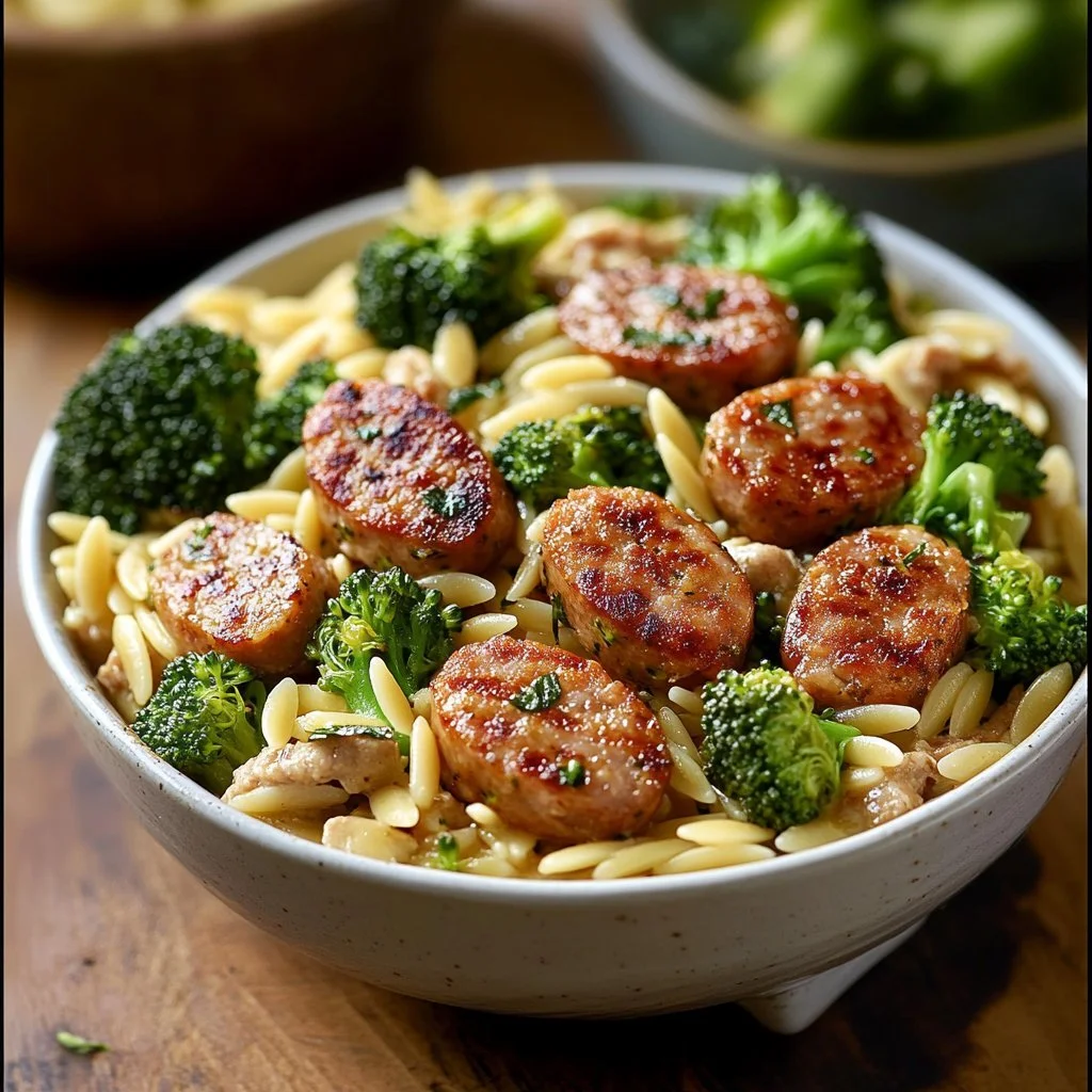 En smakrik rätt med Kycklingkorv och Broccoli Orzo på en tallrik.