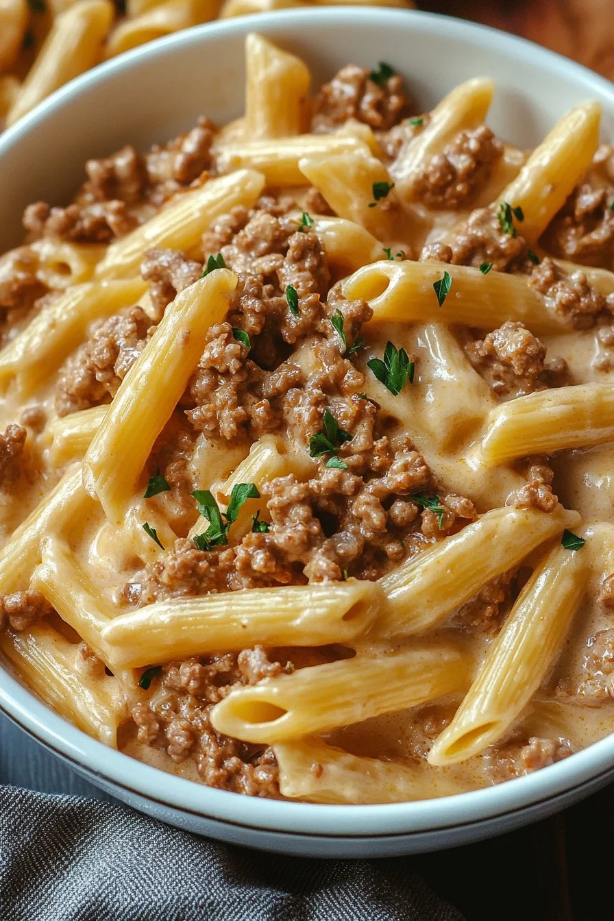 Gräddig pasta med köttfärs på spisen