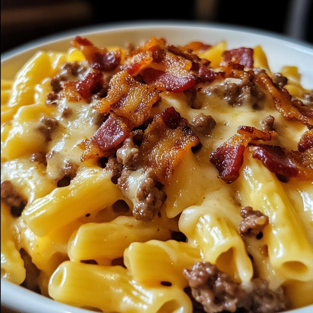 Smakfull bacon cheeseburger pasta på tallrik med färsk persilja.