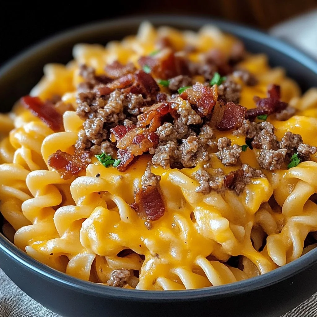 Läcker baconcheeseburgerpasta med ost och bacon