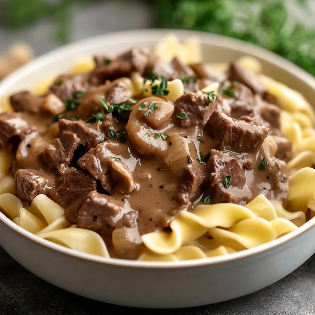 Långsamkokt biff Stroganoff med svamp och gräddig sås