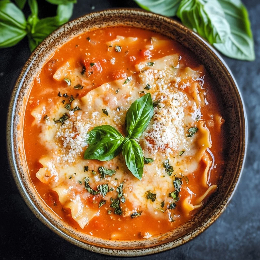 Skål med krämig lasagne soppa fylld med smakrika ingredienser