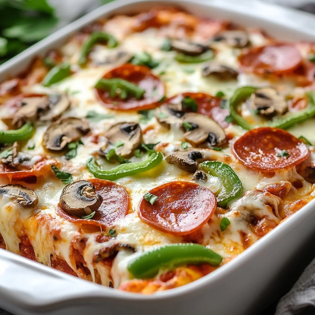 Lätt låg kolhydrat pizza casserole med färska ingredienser och smakfull topping.