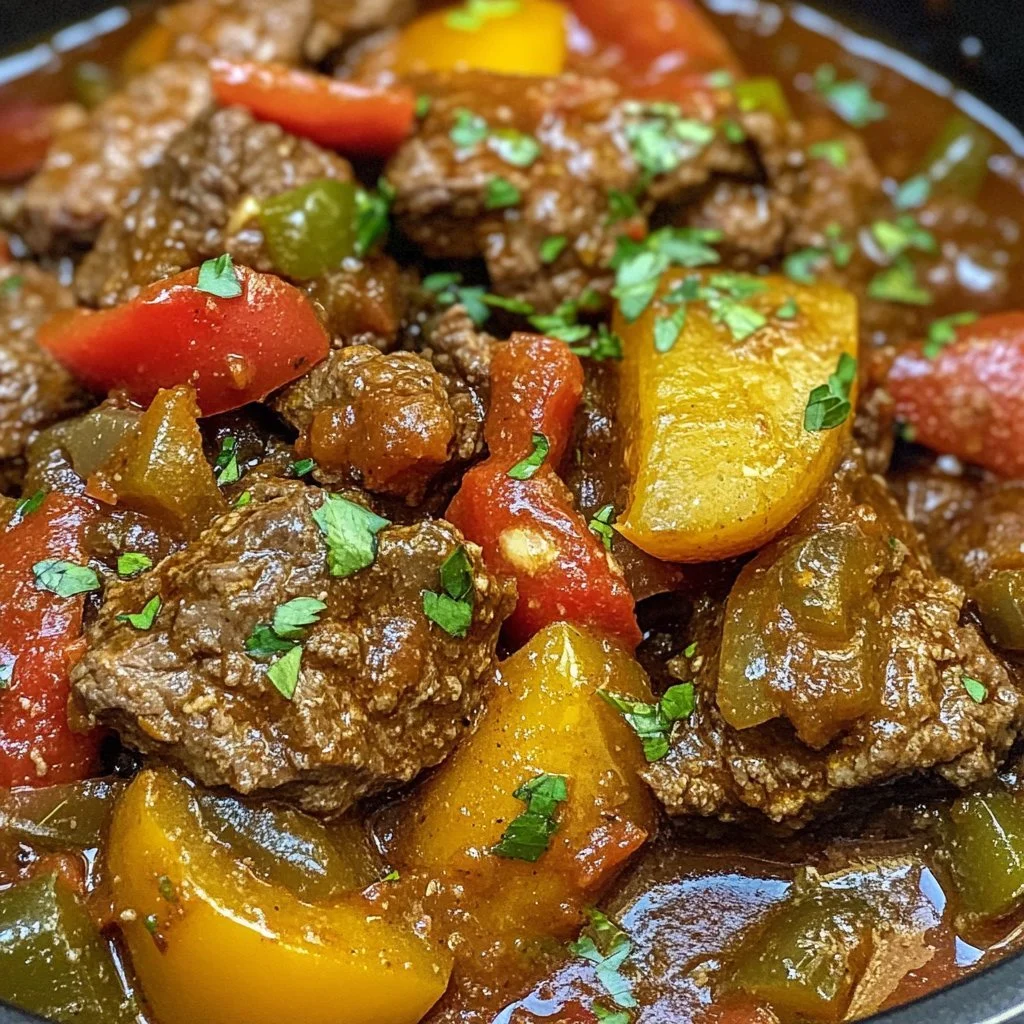 Lätt slow cooker pepparstek med grönsaker i en skål