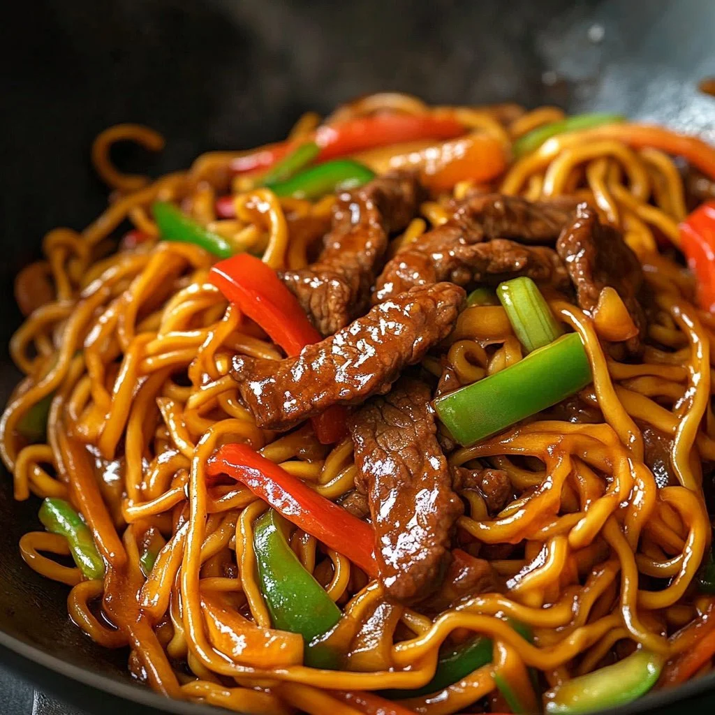 Nöt Lo Mein med grönsaker och kryddor i en skål