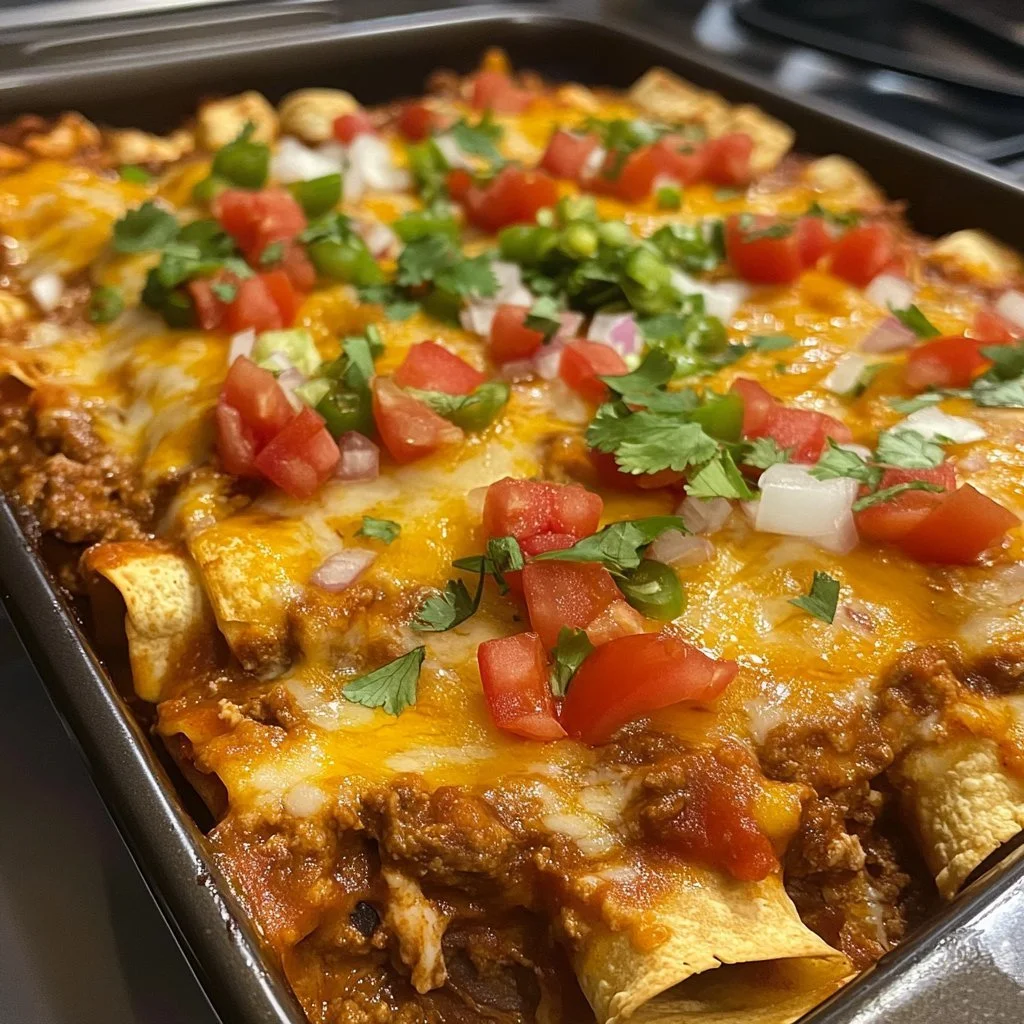 Läckra nötkött enchilada-gratäng som serveras varm med smält ost.