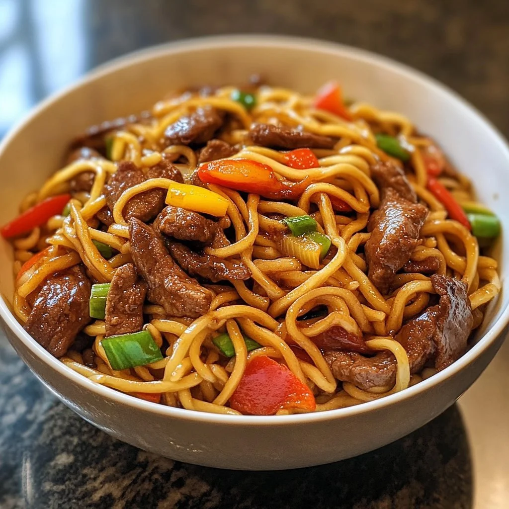 Rätt med Nötkött Lo Mein, nudlar och grönsaker i en smakfull sås.