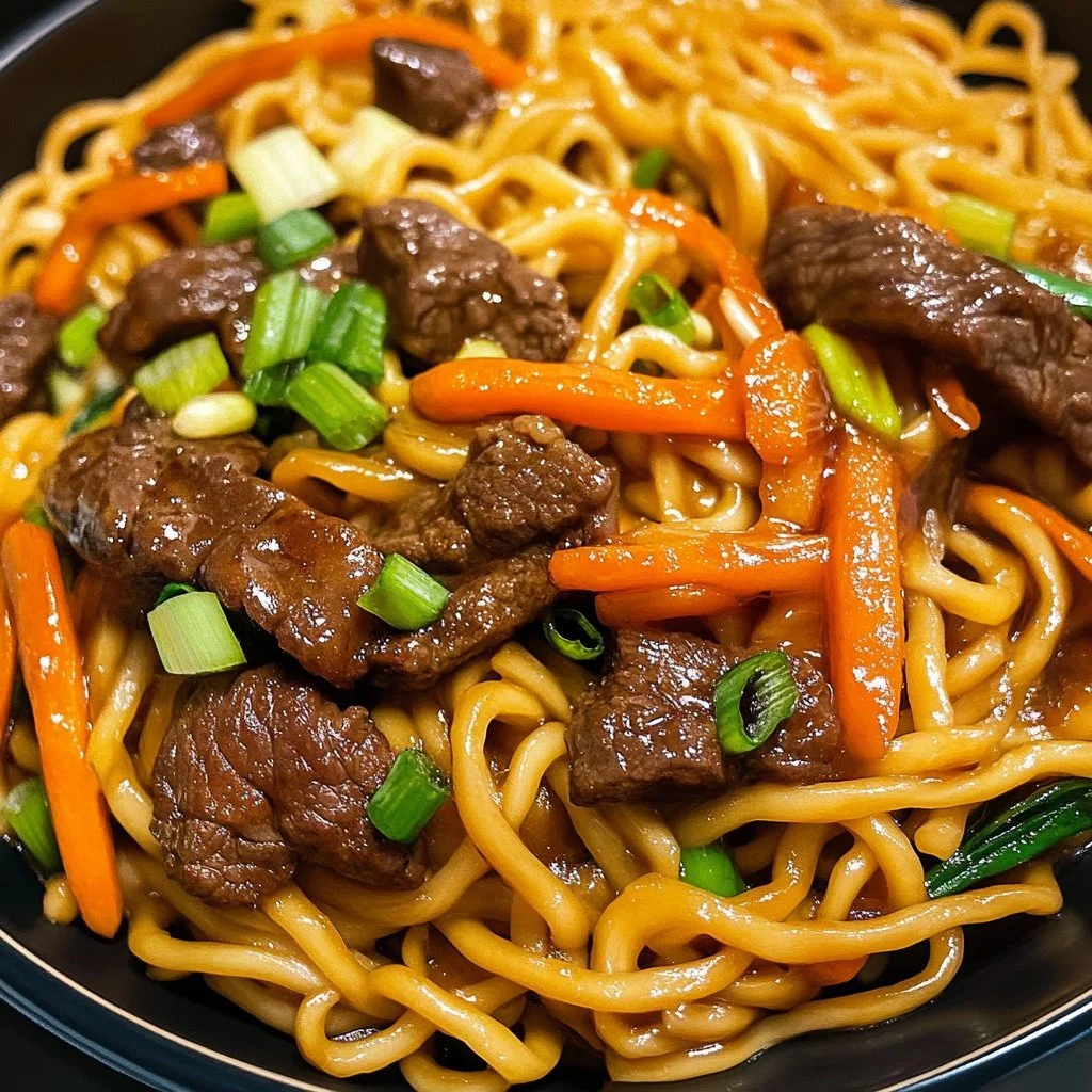 Nötkött Lo Mein med nudlar och grönsaker i en smakrik sås