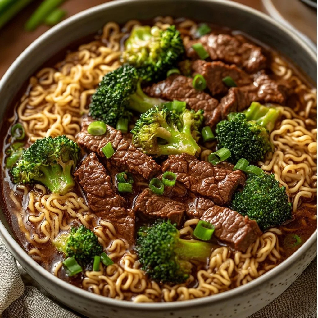 Nötkött och broccoli ramen med rykande buljong och fräscha grönsaker.