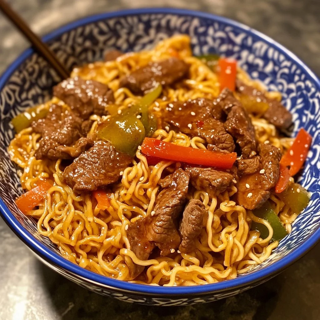 Nötkött ramen nudlar tillagade i stekpanna