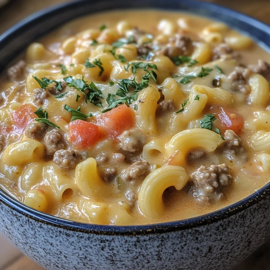 En skål med Ostburgare Macaroni Soppa, krämig och smakrik rätt.