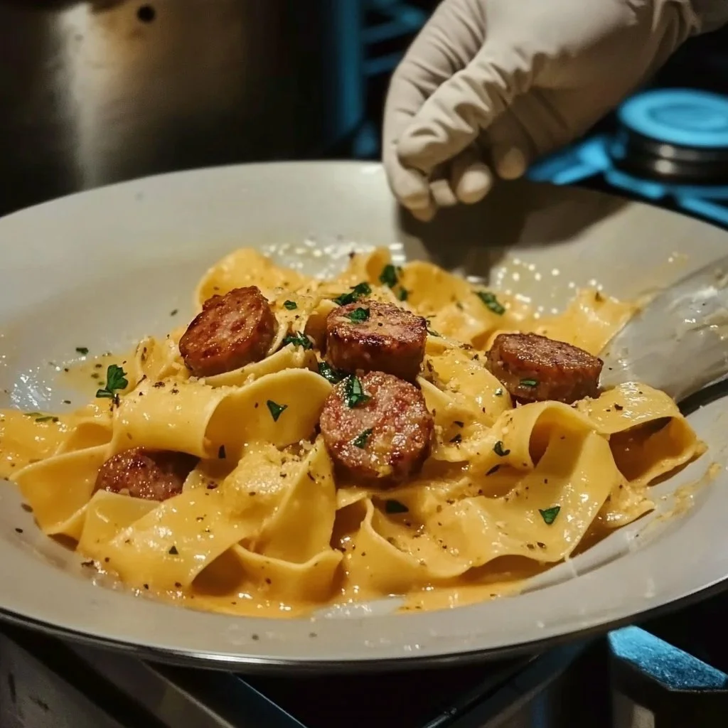 Ostig Korv Pasta med krämig sås och en smakfull presentation