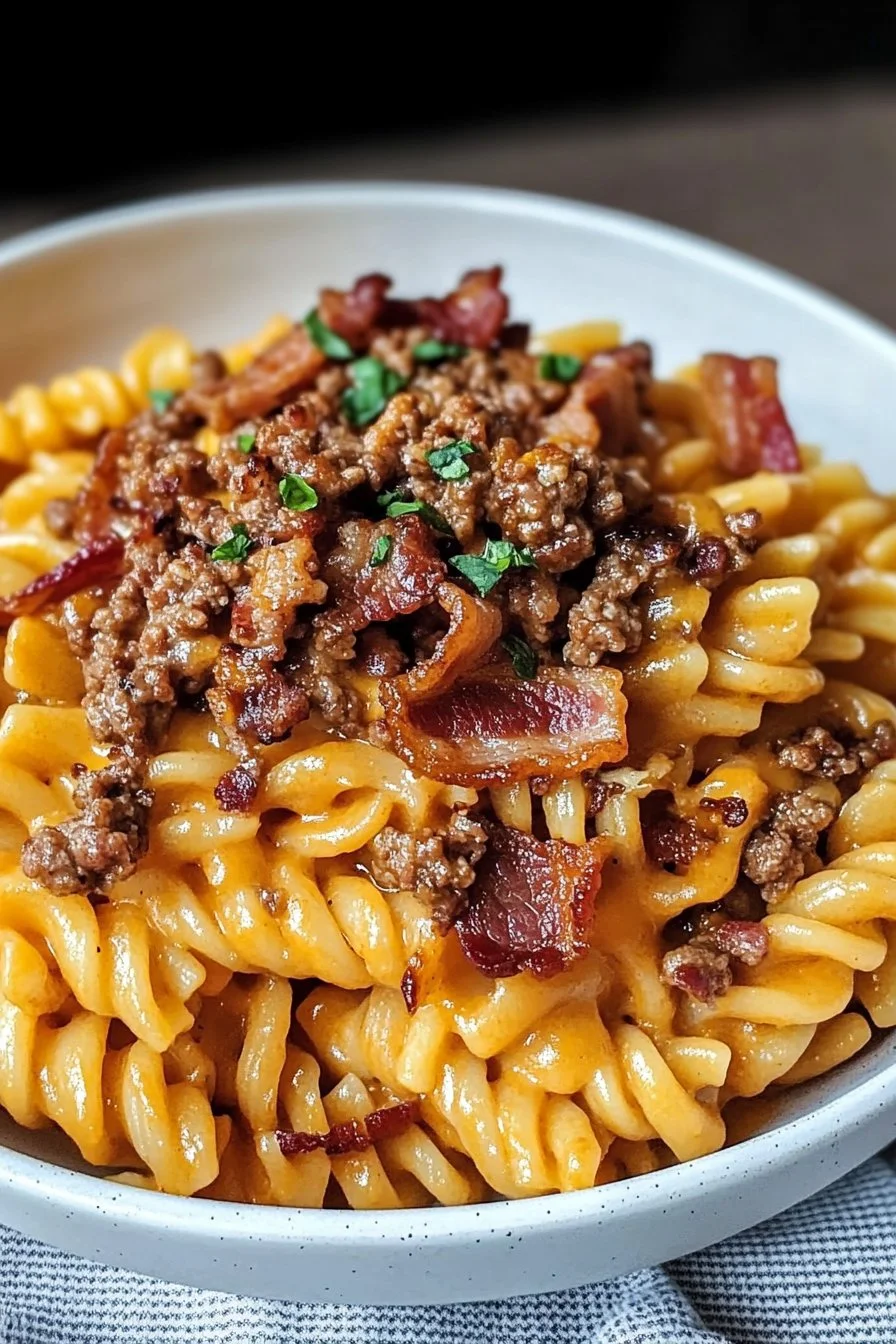 Laddad baconcheeseburgerpasta