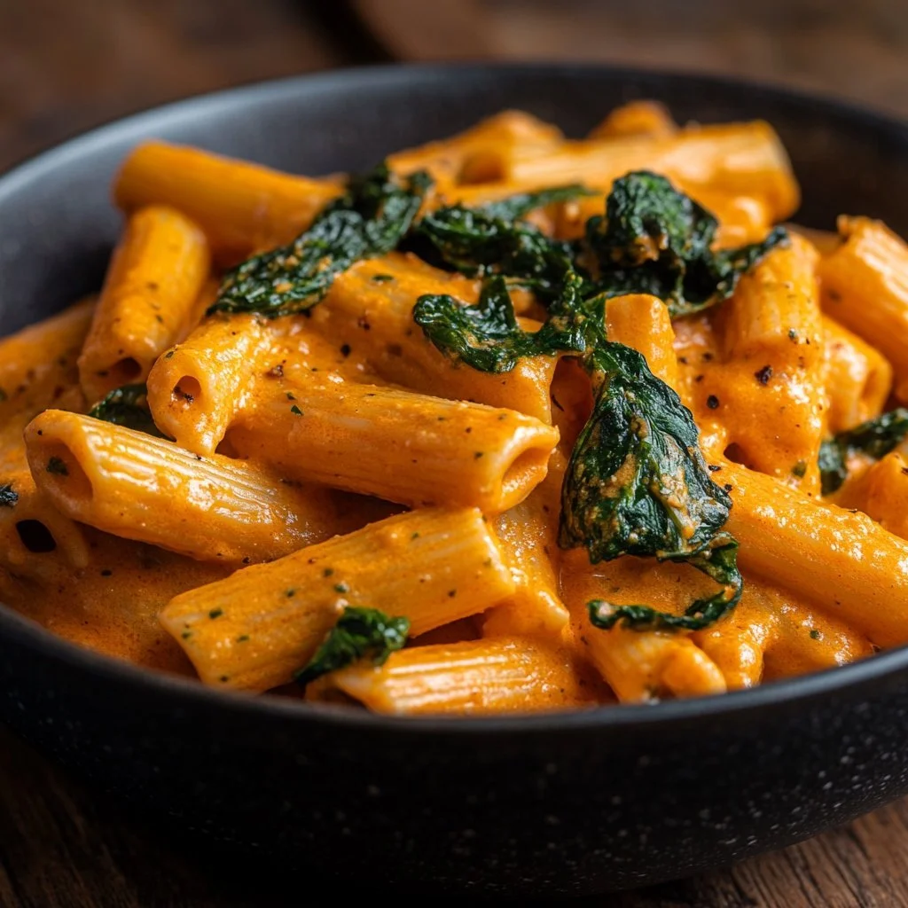 Penne pasta med silken tofu i rosésås serverad med färska örter.