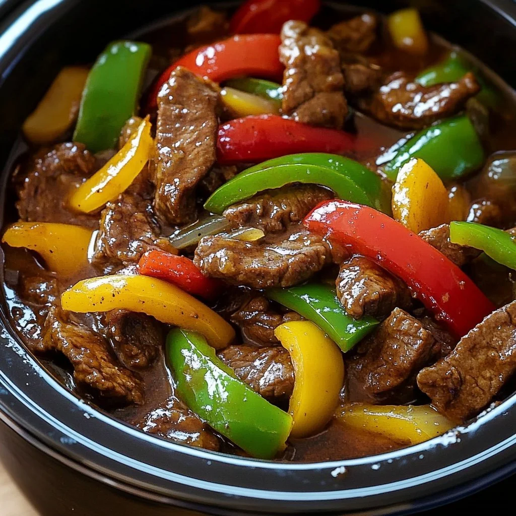 Pepparstek tillagad i en Crock Pot med grönsaker