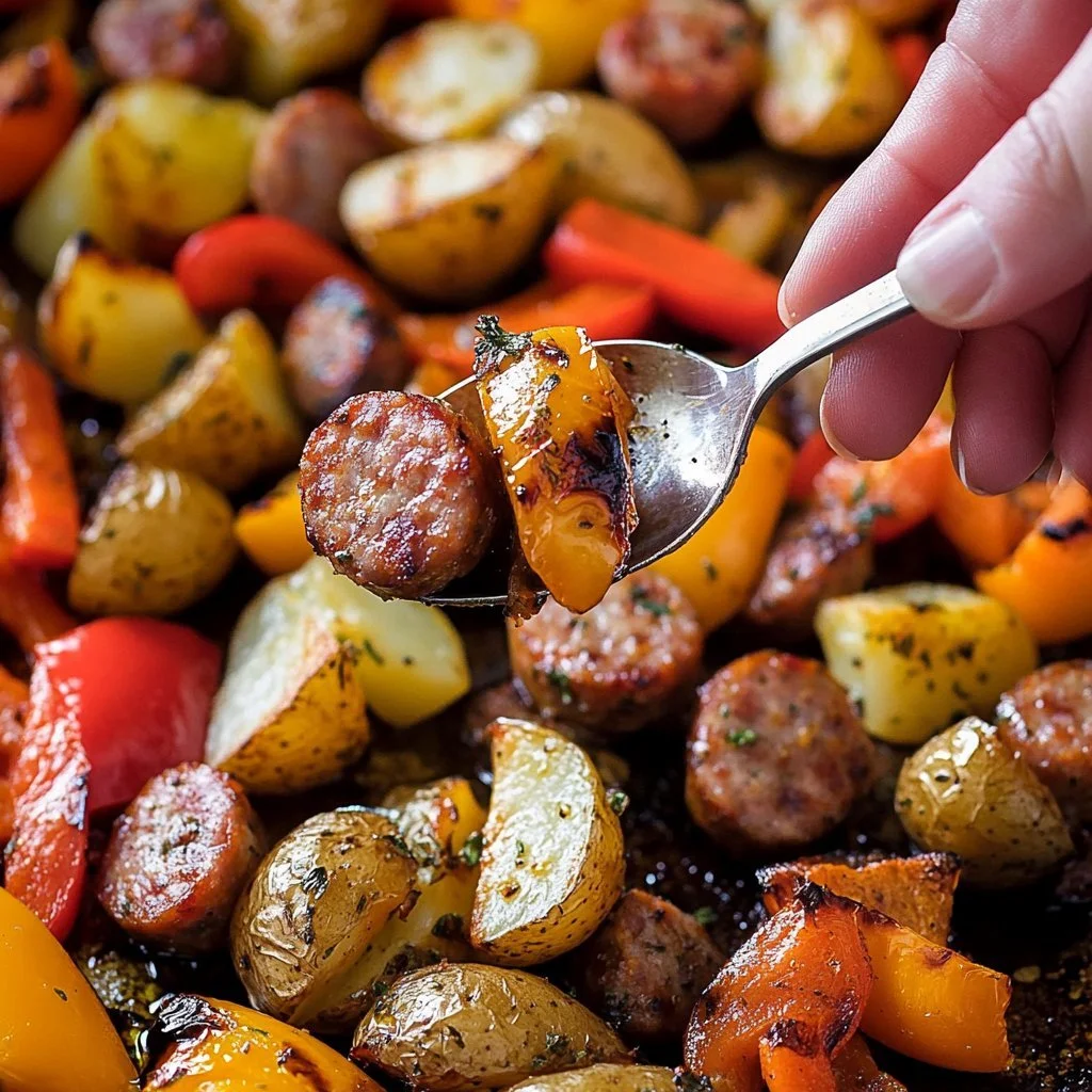 Plåtugn korv med paprika och potatis