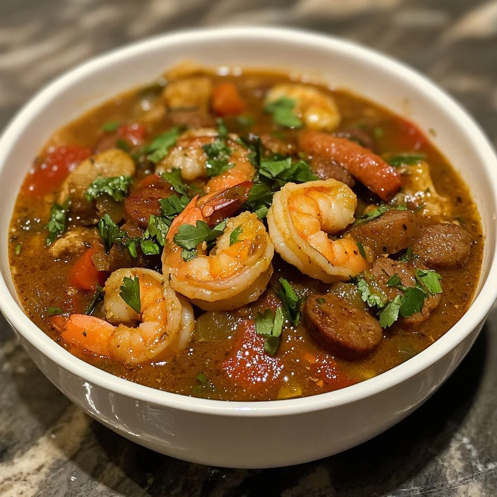 Räka- och korv-gumbo med färska ingredienser och kryddor