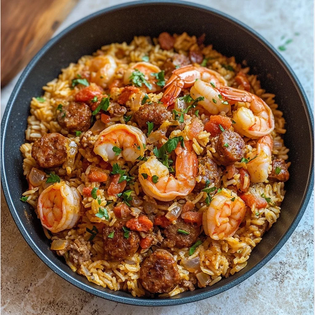 Räkor och Korv Jambalaya med rika kryddor och grönsaker