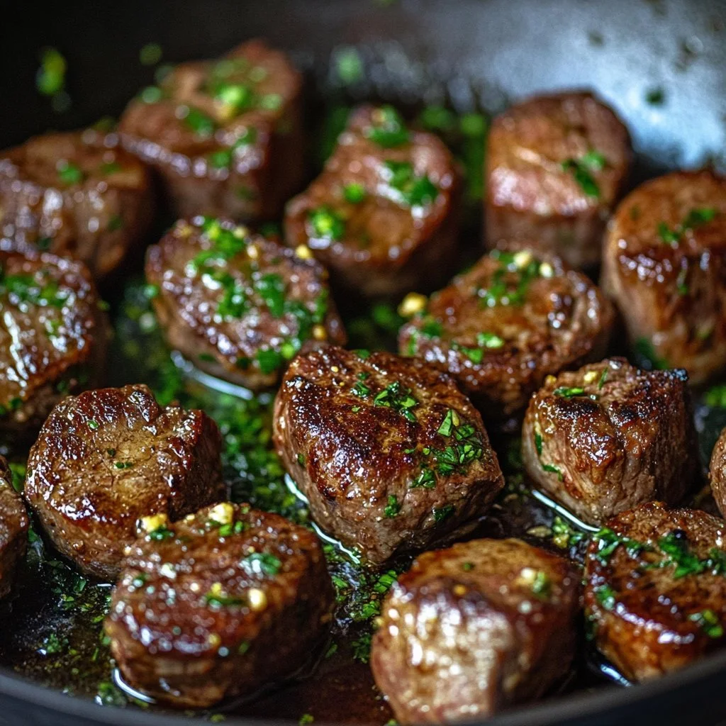 Vitlöks- och smörstekta biffbitar - recept för en smakfull måltid.