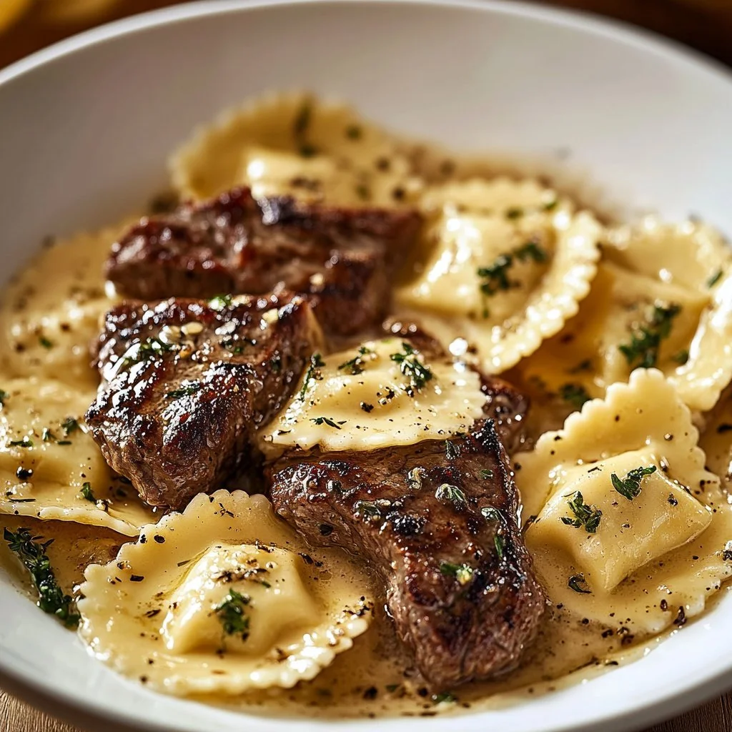 En tallrik med Steak Tips och ostfyllda ravioli i vitlöksbutter.