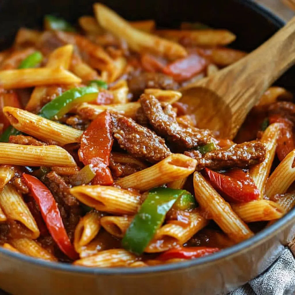 Stekpanna italiensk korv med paprika och fullkorns penne i en gryta.