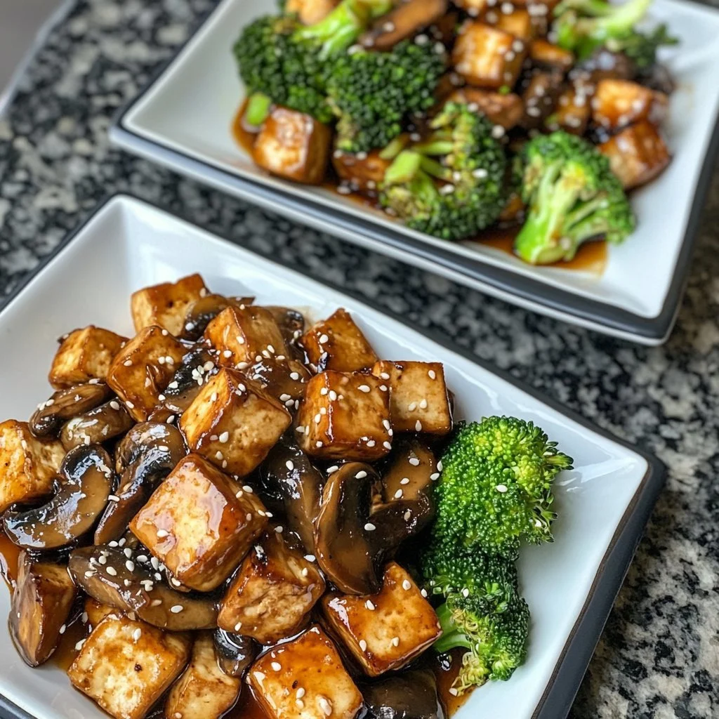 Svamp- och tofu-stek med grönsaker på tallrik