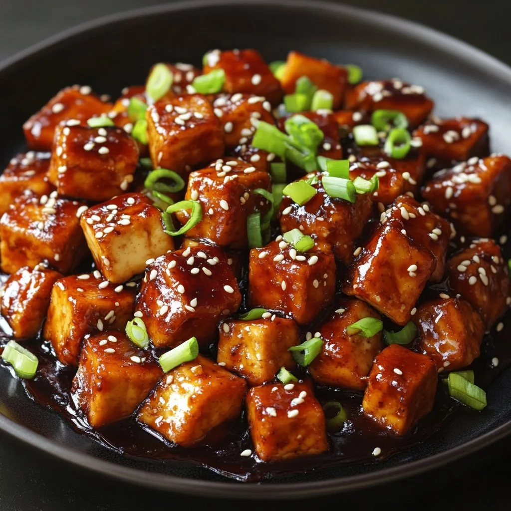 Teriyaki-ingefära tofu i en skål med grönsaker.