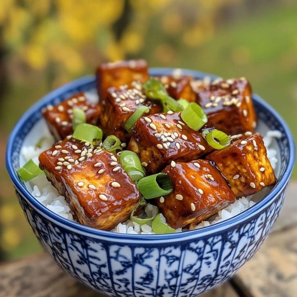 Teriyaki tofu med grönsaker och sesamfrön på en tallrik