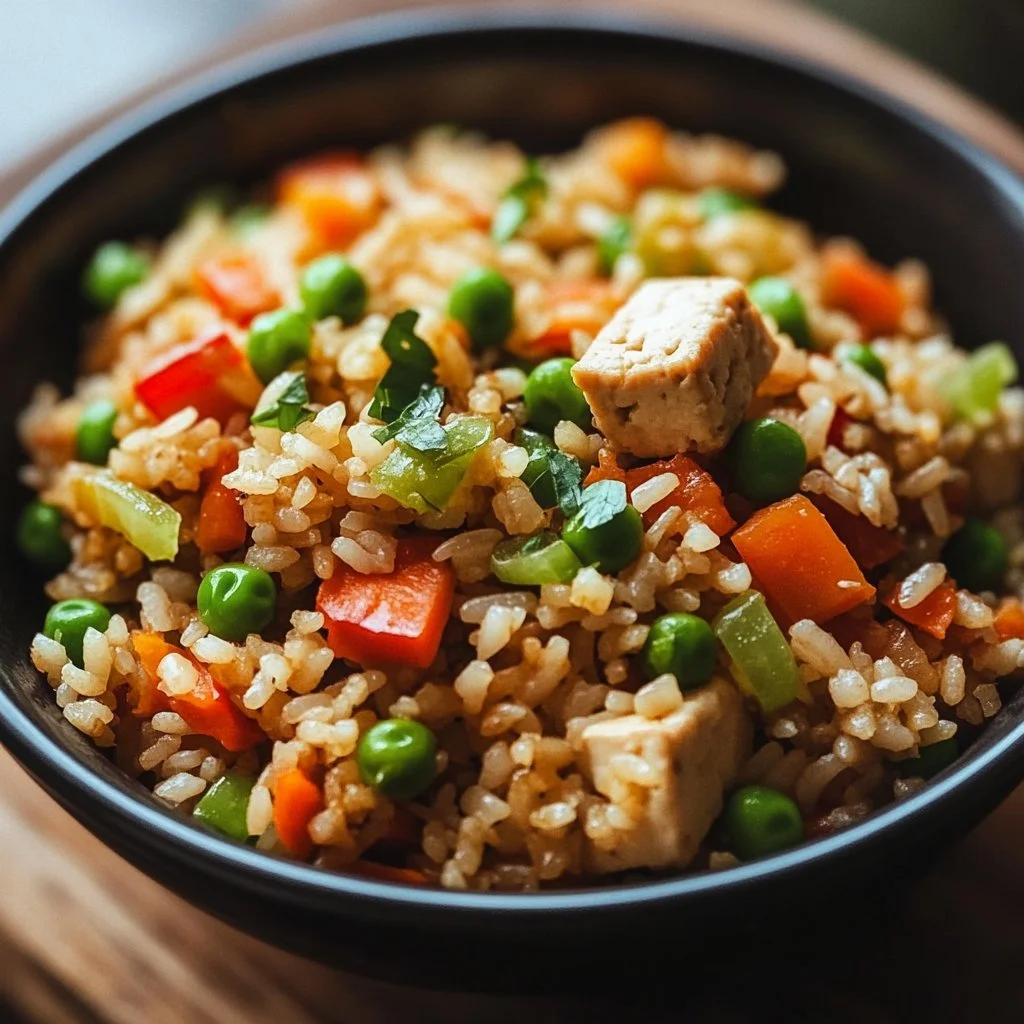 En tallrik med tofu stekt ris, färgglada grönsaker och kryddor.