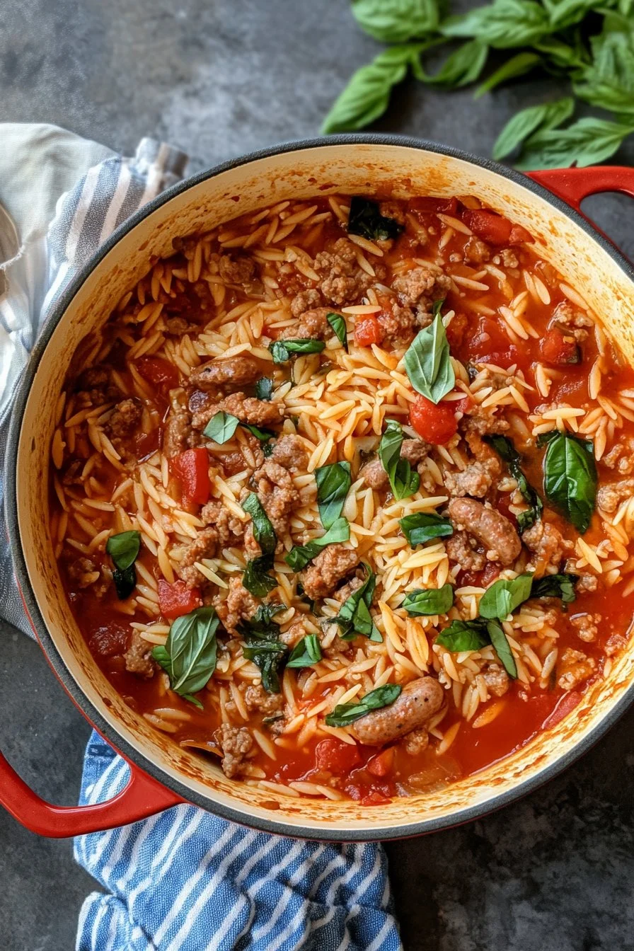 Enkelt italienskt korv-orzo i en gryta