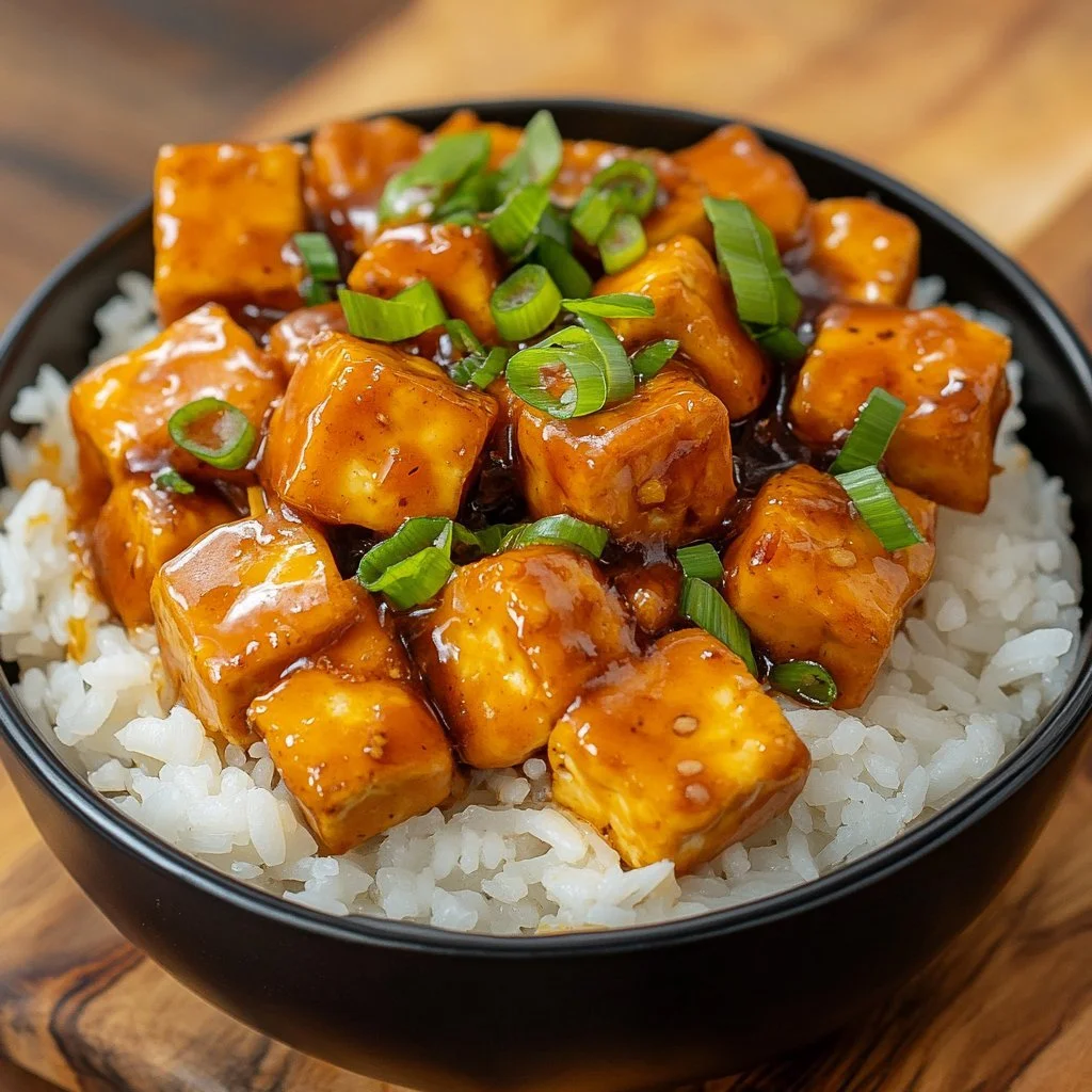 Vegan apelsinkyckling med tofu serverad på tallrik