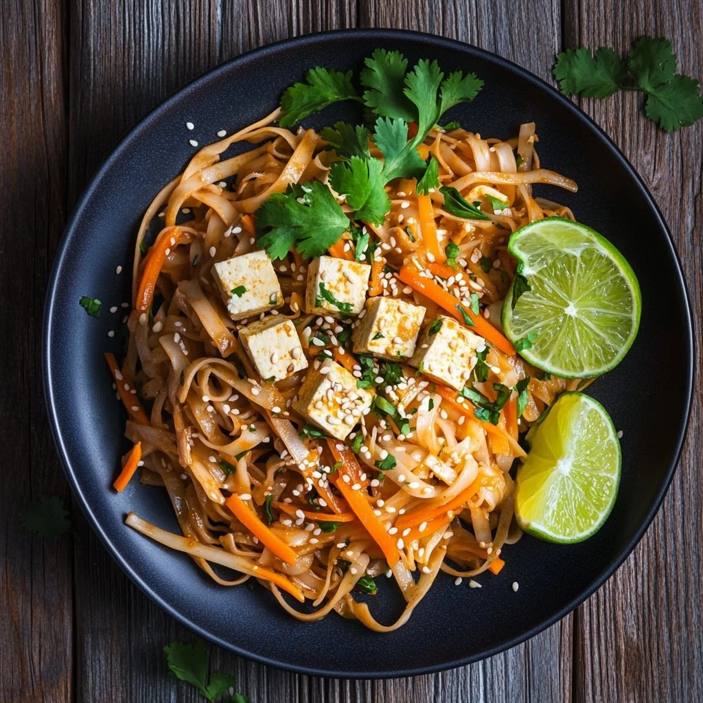 Vegan Pad Thai med tofu och krämig jordnötssås i en skål