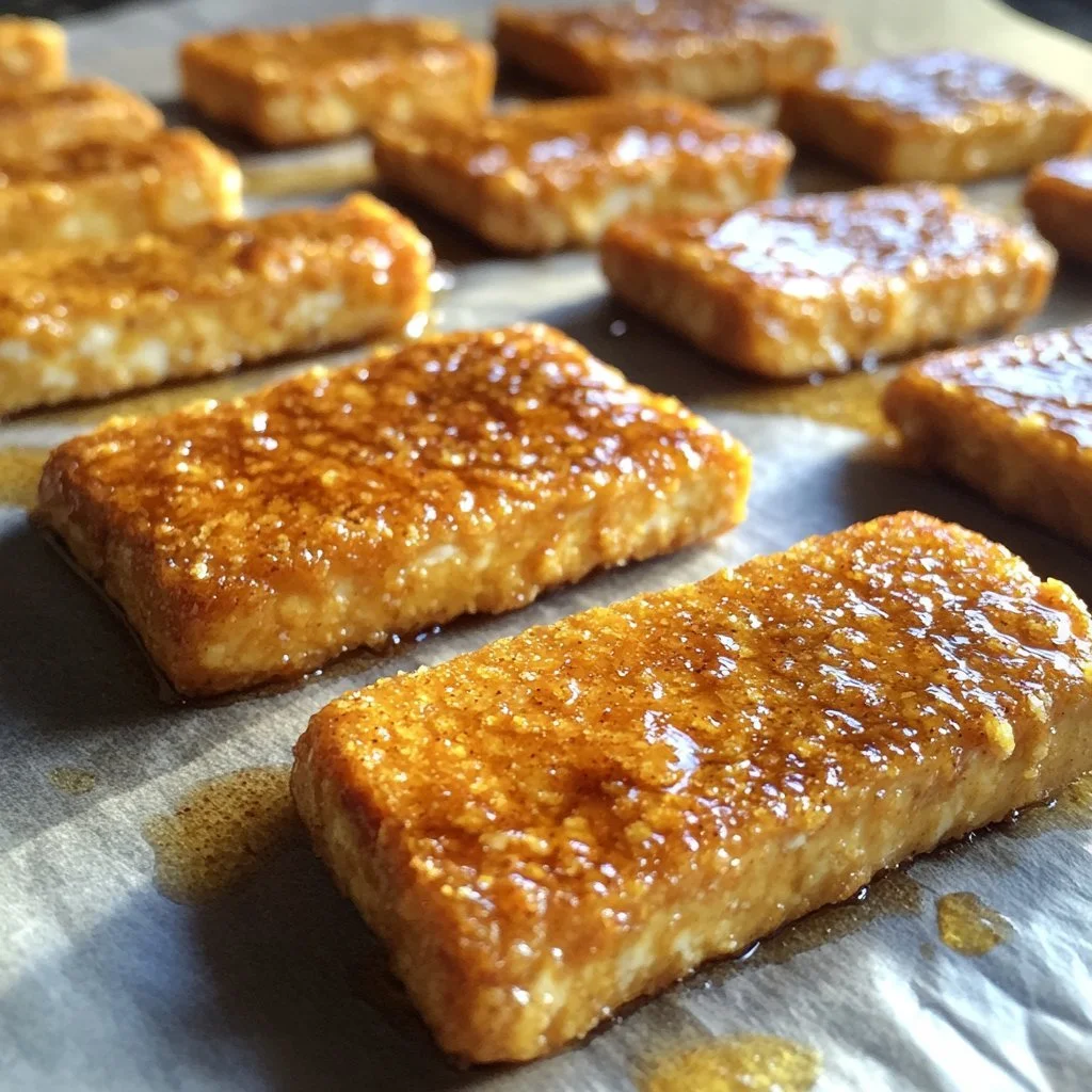 Vegansk bakad 'honung' senap tofu på en tallrik, inredd med grönsaker.