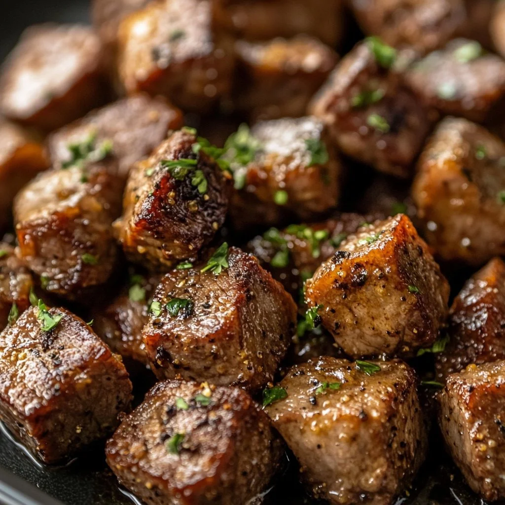 Vitlöks smör biff tillagad i luftfritös, serverad med örter.