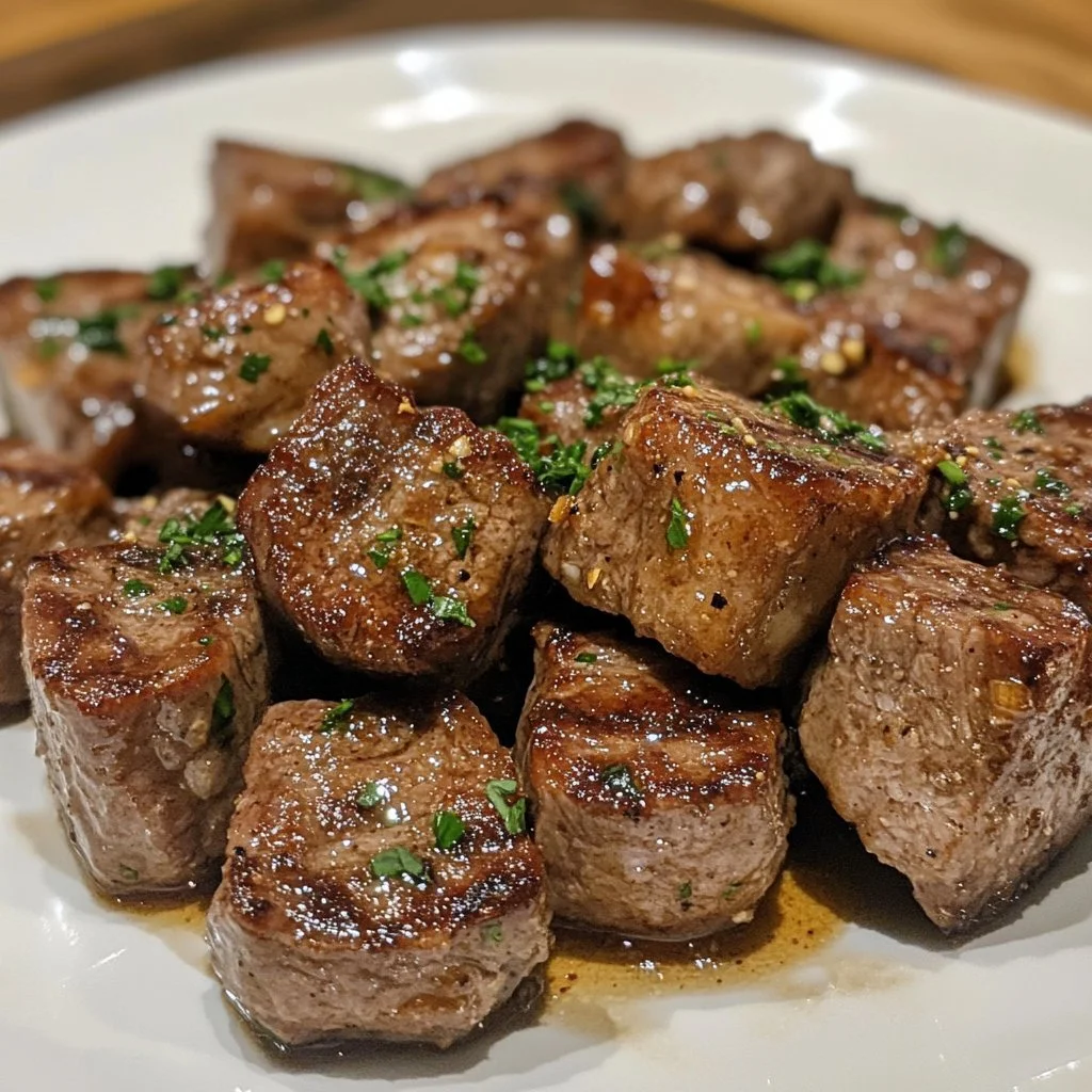 Vitlöks smör oxfilé bitar på tallrik med grönsaker och potatis