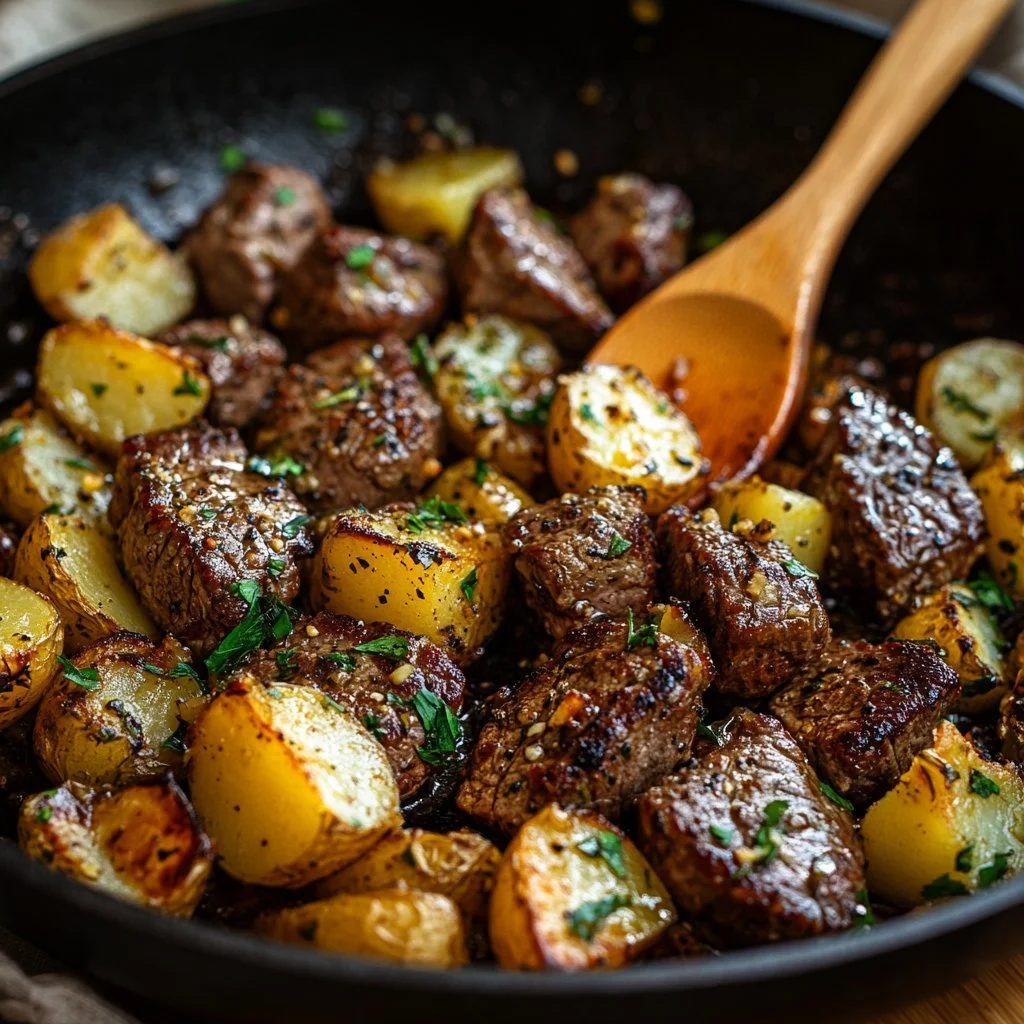 Vitlöksbutter biffbitar serverade med potatis