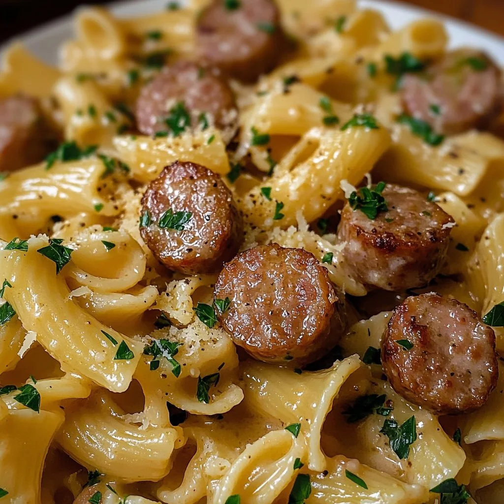 Vitlökskorv med krämig parmesanpasta på tallrik