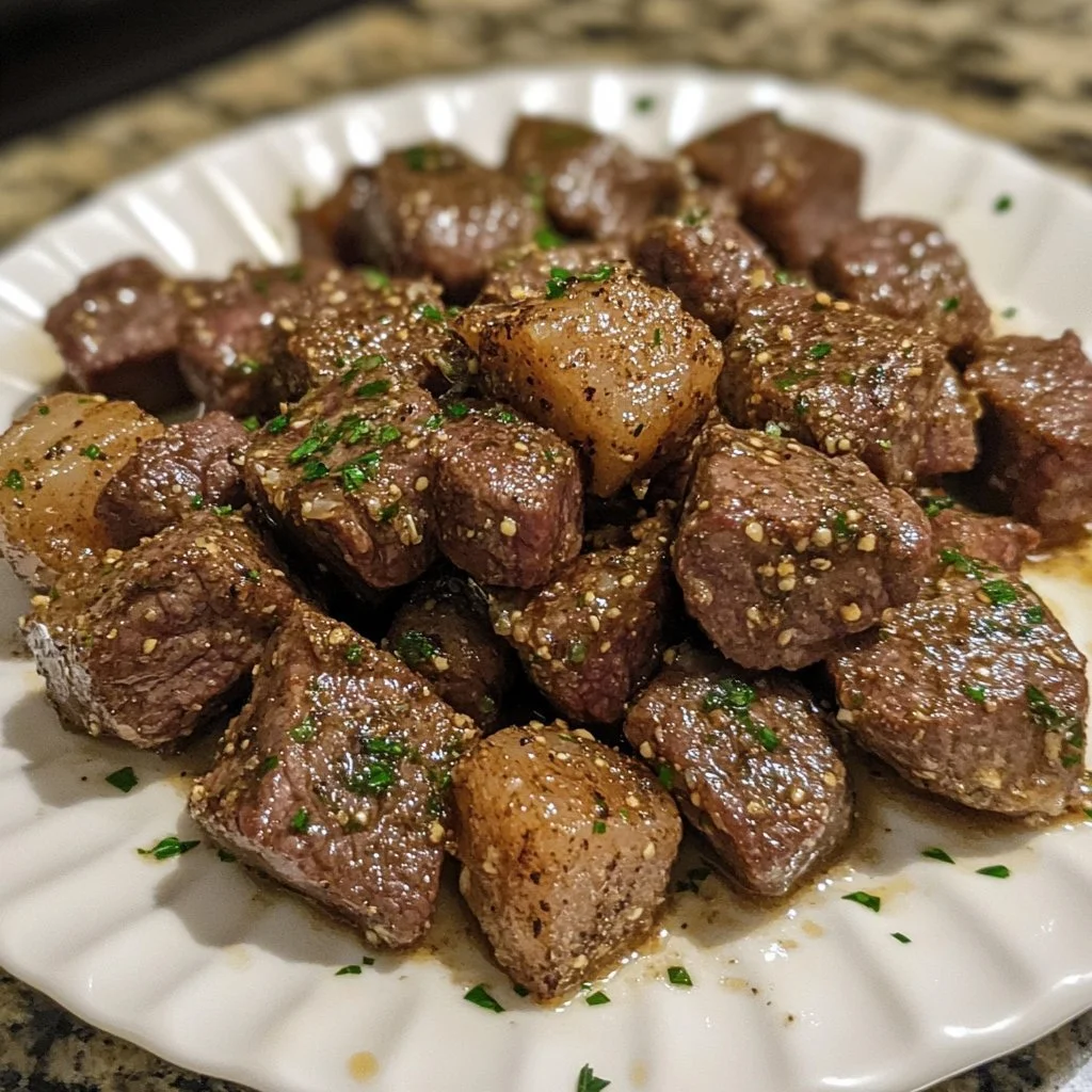 Vitlökssmör Steak Bites som serveras på en tallrik med örter