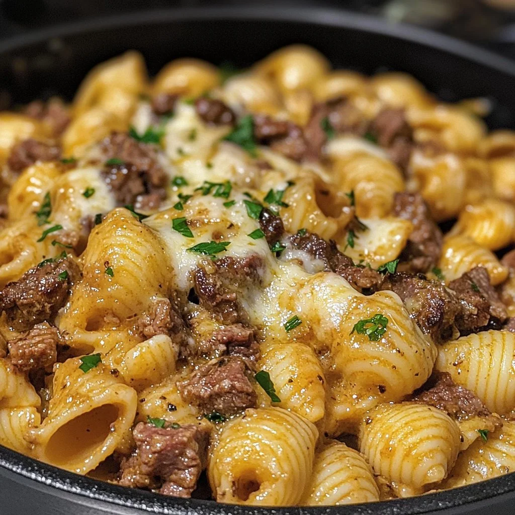 Vitlökssmörstekta biffbitar med krämig parmesanpasta.