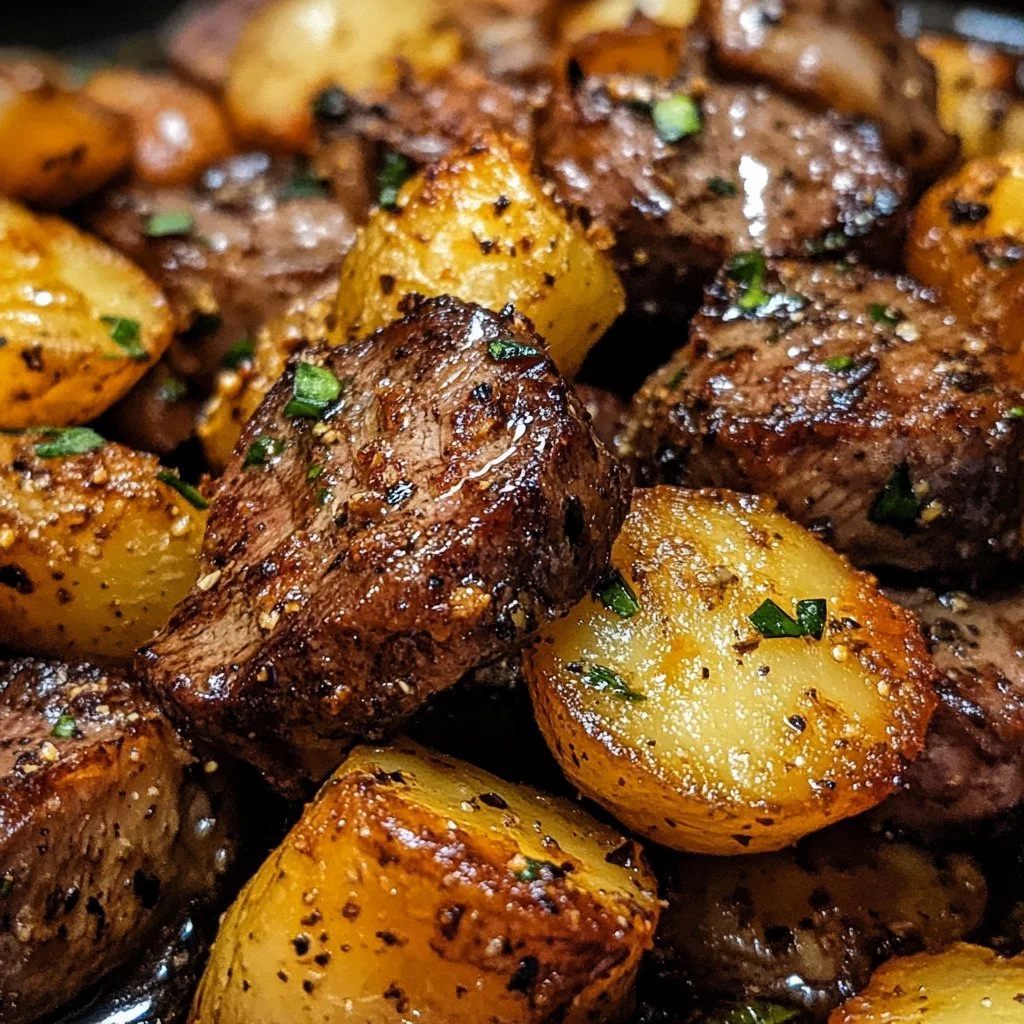 Vitlökssmörstekta köttbitar serverade med potatis