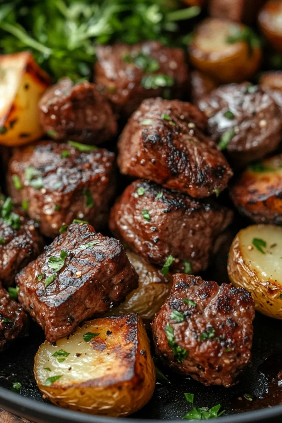 Vitlökssmörstekta köttbitar och potatisar