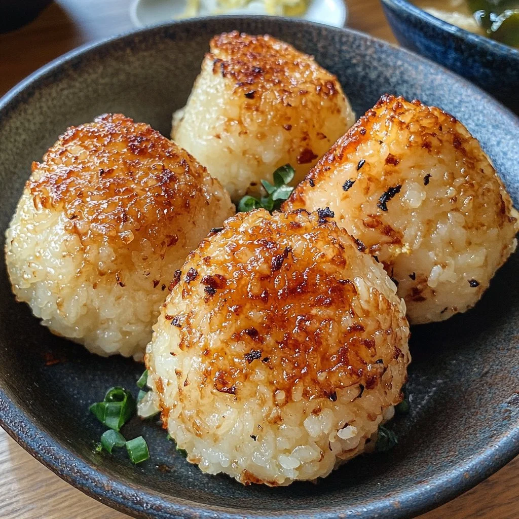 Yaki Onigiri med ost på en tallrik, en smakfull japansk rätt