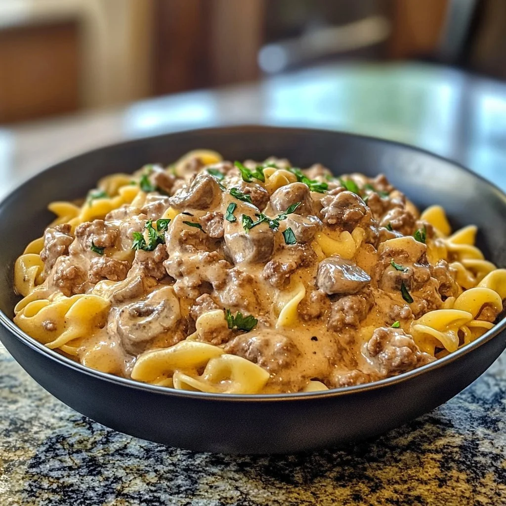 30-minuters nötfärs Stroganoff med krämig sås och svamp.