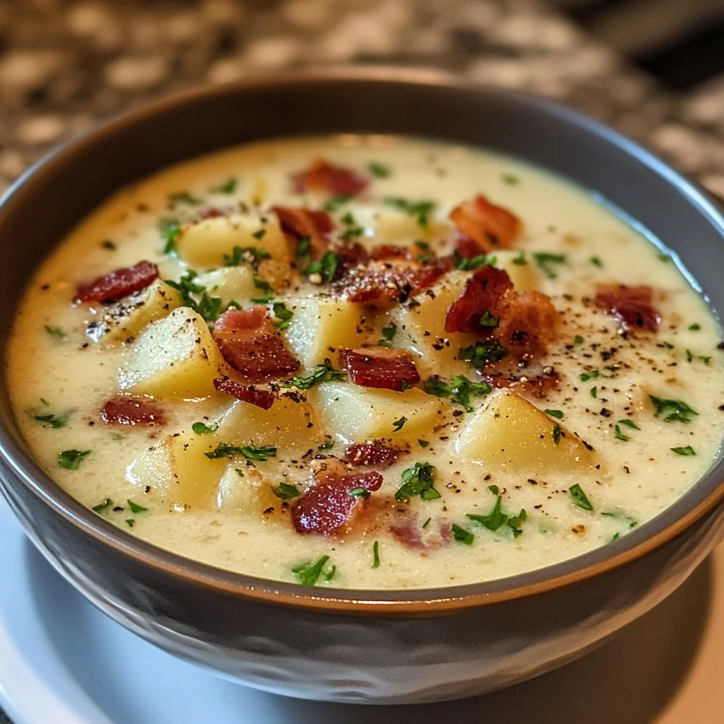 Skål med krämig bacon potato soup med bitar av knaperstekt bacon