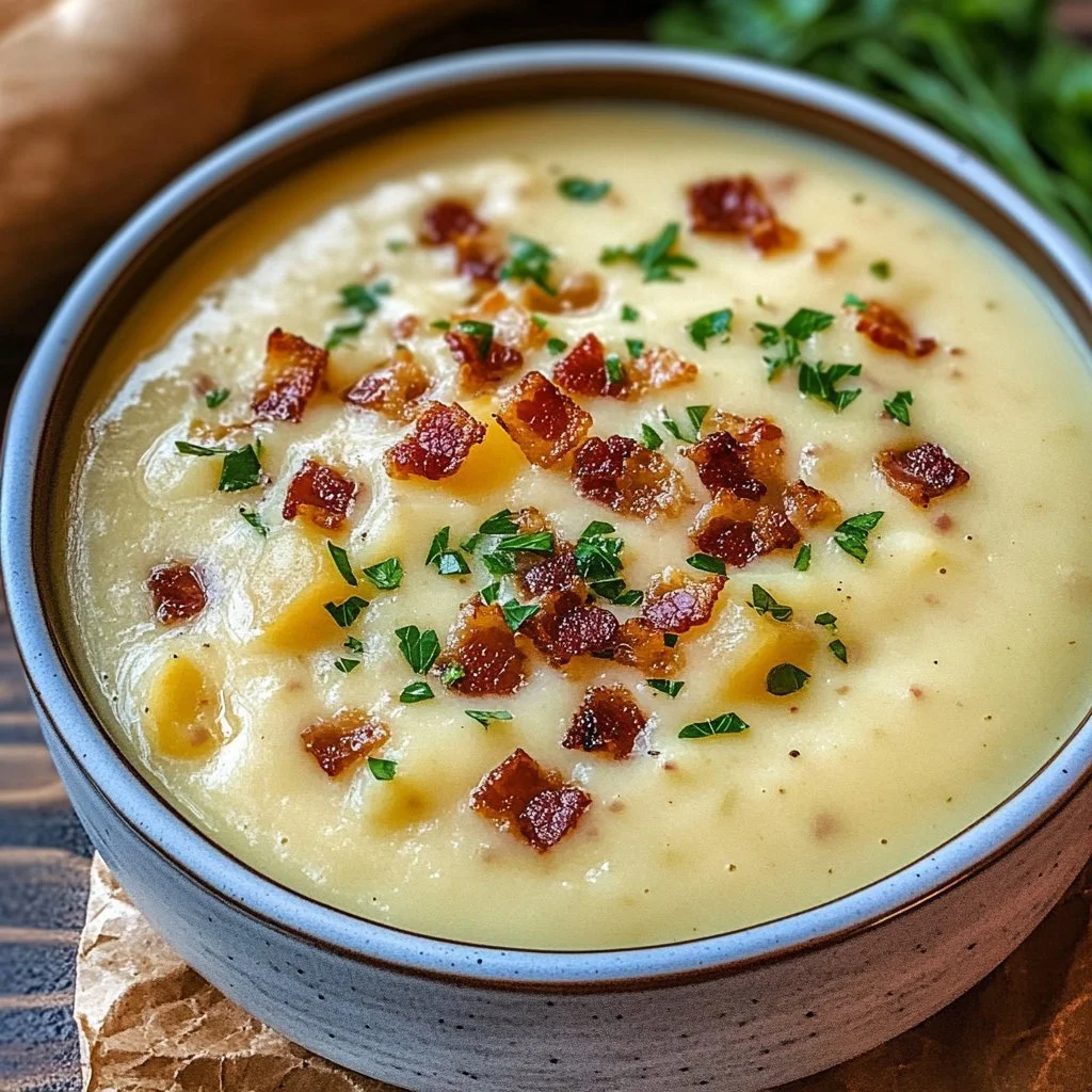 Krämig bakad potatis soppa serverad i en skål med bröd