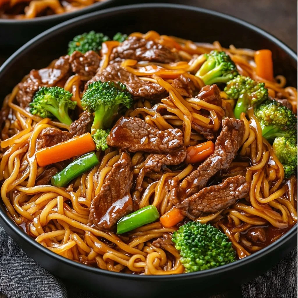 Biff Lo Mein med biff och nudlar serverade på en tallrik