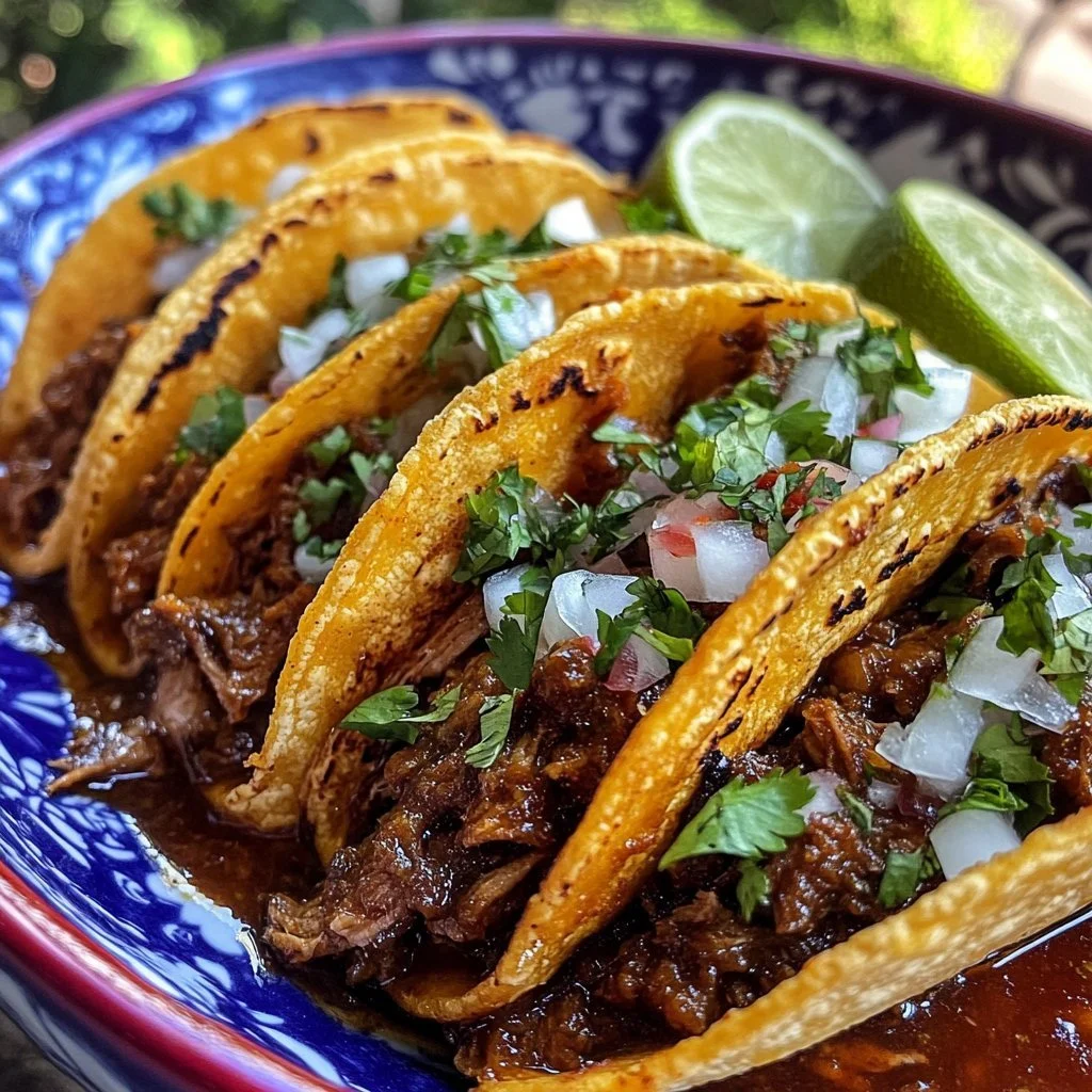 Birria tacos med smakrikt kött och rik buljong