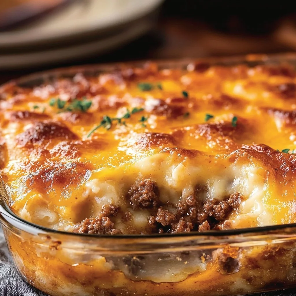 Läckert fat med Cheddarbay köttfärspaj serverad i en pirogskål.