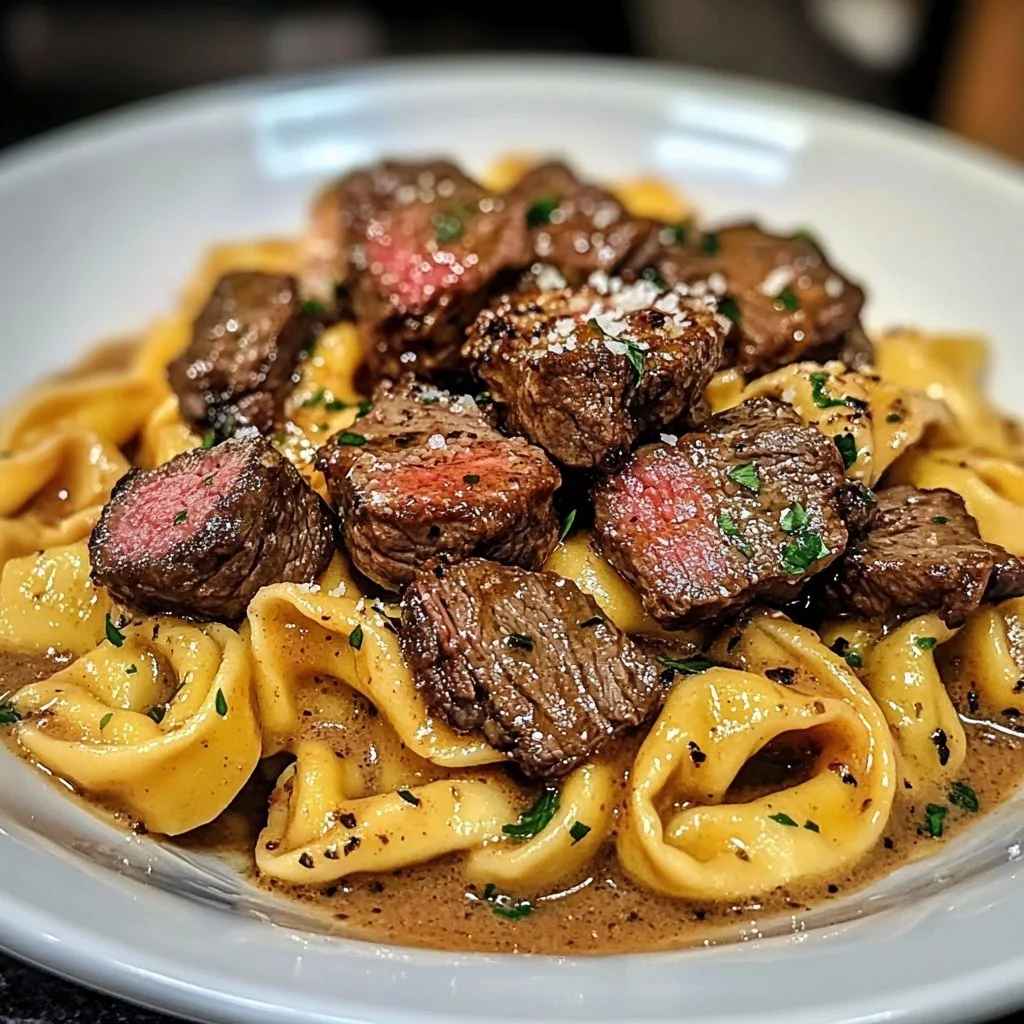 Cowboysmör Tortellini med biffbitar i en panna