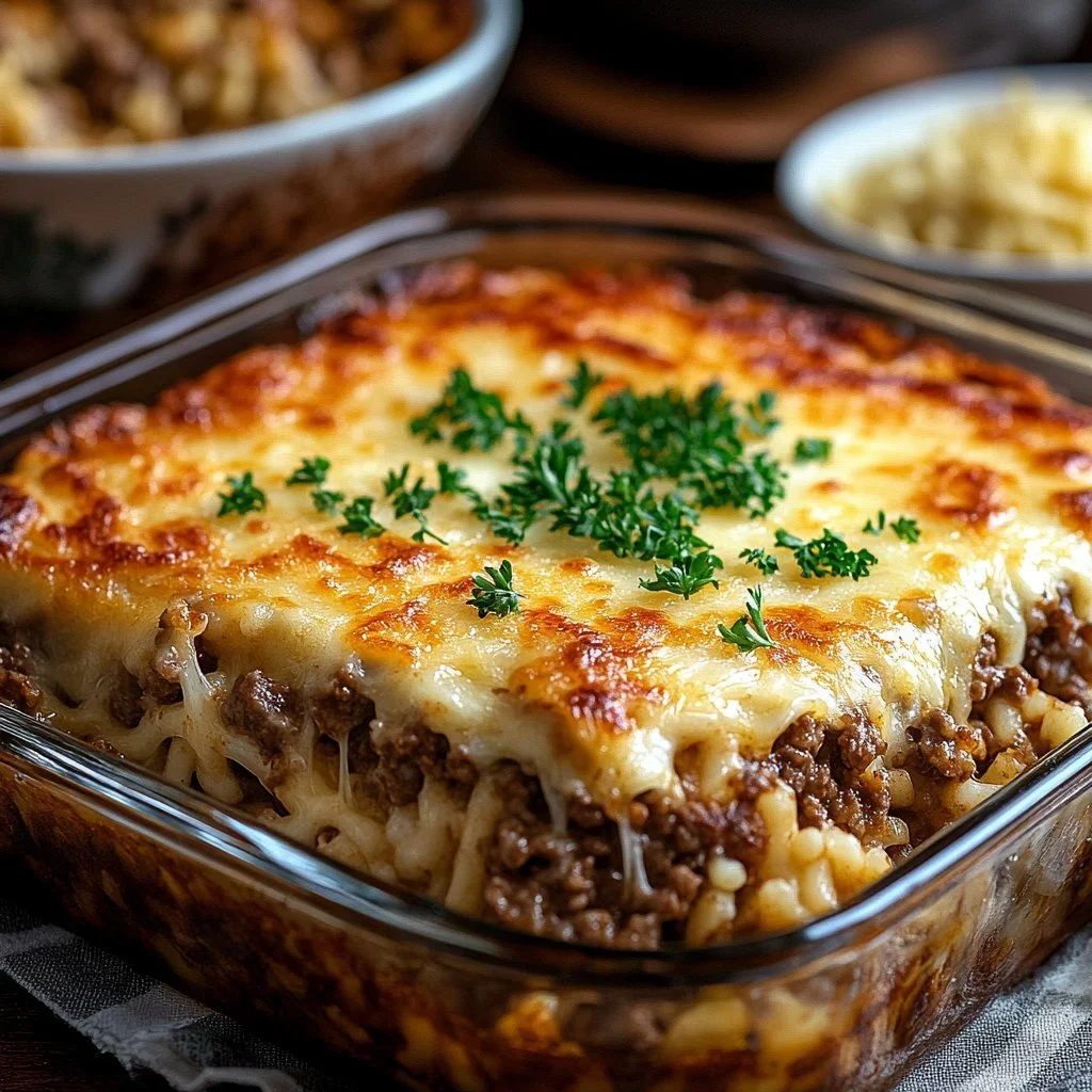 Fransk lökfärs och risgratäng serverad i en ugnsform